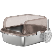 PawHut Arenero para Gatos Cubierto con Bandeja de Acero Inoxidable Bordes Altos Pala y Zona para Caída de Arena Gris