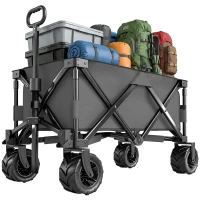 Outsunny Outdoor Pull Along Cart Folding Cargo Wagon Trailer Trolley for Beach Garden with Handle, Anti-Slip Wheel - Dark Grey(m-1)
