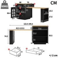 Extendable Bar Table with Arched Tempered Glass Doors, Space-Saving Dining Table for Kitchen or Living Space, 195.5L x 70W x 93.5H cm, Black(m-3)