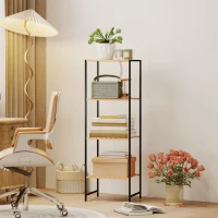 HOMCOM Standregal Badregal aus Bambus und Stahl, mit 4 Ablagen, 4-stöckiges Bücherregal, 36,5 x 33 x 110 cm, Natur(m-2)