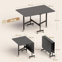 HOMCOM Table à Manger Pliante sur Roulettes pour 4-6 Personnes 120 cm, Roues avec Freins, 2 Abattants, Industriel, Noir(m-3)