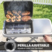 Outsunny Barbacoa de Gas Plegable con Quemador 2,5 kW Tapa Termómetro Mesa Lateral y 2 Ruedas Parrilla Recogedor Grasa Negro(m-6)