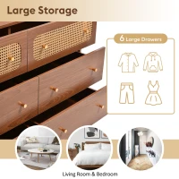 Rattan Sideboard Cabinet with 2 Perforated Rattan-Front Drawers, Walnut 6-Drawer Dresser for Lounge or Dining Areas, 120L x 40W x 90H cm, Walnut(m-6)