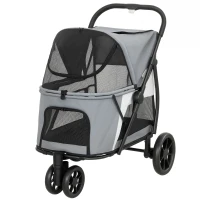 PawHut Hundewagen Faltbar Hundebuggy mit waschbarem Kissen, Netzfenstern, 3 Räder, für mittelgroße Hunde bis 20 kg, Grau(m-11)