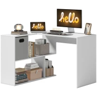 HOMCOM L Shaped Computer Desk, 110 x 100cm Reversible Corner Desk with Fabric Drawer and Storage Shelves, White(m-11)
