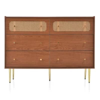 Rattan Sideboard Cabinet with 2 Perforated Rattan-Front Drawers, Walnut 6-Drawer Dresser for Lounge or Dining Areas, 120L x 40W x 90H cm, Walnut(m-2)