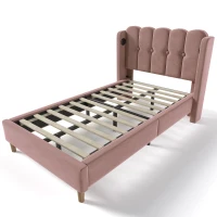 Practical Single Bed with USB and Type-C Charging Ports, Cozy Bed Frame with Grille Design Panel Headboard, 197L x 103W x 103H cm, Pink(m-12)
