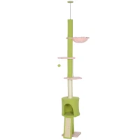 PawHut 220-240 cm Floor to Ceiling Cat Tree Adjustable Height with Hammock, Condo, Scratching Posts, Green(m-12)