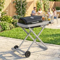 Outsunny Barbacoa de Gas Plegable con Quemador 2,5 kW Tapa Termómetro Mesa Lateral y 2 Ruedas Parrilla Recogedor Grasa Negro(m-9)