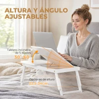 HOMCOM Mesa para Cama Plegable y Ajustable Superficie para Portátil en Bambú con Tablero Inclinable 83,5x33x34 cm Blanco(m-3)