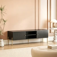 HOMCOM Meuble TV pour Télévision jusqu'à 65", Portes Cannelées, Compartiments Ouverts, Pieds Acier, 140 x 38 x 45,9 cm, Noir(m-2)