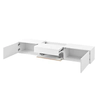Spacious TV Cabinet with Cabinet Doors and Open Shelves, Practical TV Panel for Small Apartments and Large Bungalows, 180L x 34W x 30H cm, White+Wood(m-14)
