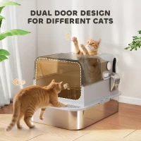 PawHut XXL Stainless Steel Cat Litter Tray, Enclosed Cat Litter Box with 90° Flip Cover, Double Doors, Scoop, Easy Clean, Grey(m-7)