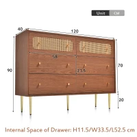 Rattan Sideboard Cabinet with 2 Perforated Rattan-Front Drawers, Walnut 6-Drawer Dresser for Lounge or Dining Areas, 120L x 40W x 90H cm, Walnut(m-3)