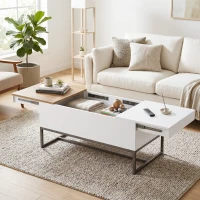 HOMCOM Ausziehbarer Couchtisch, moderner Wohnzimmertisch mit verschiebbarer Platte, verstecktem Stauraum und Stahlbeinen, Weiß(m-8)