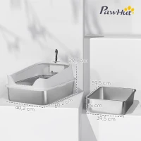 PawHut Katzentoilette Edelstahl Offene Katzenklo mit Schaufel hohem Rand für große Katzen bis 7 kg, 60,2 x 40,2 x 29,7 cm, Grau(m-3)