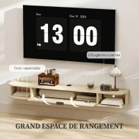 HOMCOM Meuble TV suspendu, meuble télé pour téléviseur jusqu'à 60 pouces, tiroir rabattable 2 étagères 140x24x16cm bois naturel(m-5)