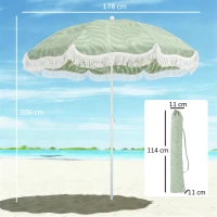 Outsunny Sombrilla de Playa con Flecos Ø180 cm Altura Ajustable Inclinación Anclaje Arena y Bolsa de Transporte UPF30+ Verde(m-3)