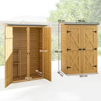 Outsunny Caseta de Jardín de Madera 115x53x156 cm Armario para Herramientas con Puertas Dobles y Estantes Techo Inclinado Marrón(m-3)