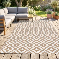 Outsunny Alfombra de Exterior Reversible 182x274 cm con Patrón Geométrico Acabado Impermeable Café y Blanco(m-2)