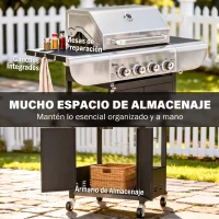 Outsunny Barbacoa de Gas con 4 Quemadores 12,8 kW Termómetro Parrillas de Hierro Fundido Mesas Laterales Armario y Ruedas Negro(m-6)