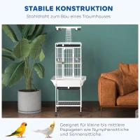 PawHut Vogelkäfig, Papageienkäfig mit 3 Türen, 2 Sitzstange, 360° Rollen, Futternapf, Ablage, Freisitz, 62,5x62,5x156cm, Weiß(m-7)