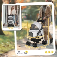 PawHut Carrito para Perros Pequeños con 4 Ruedas Freno Cesta Capota Correas de Seguridad y Ventanas 67x45x96 cm Gris Claro(m-3)