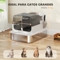 PawHut Arenero para Gatos de Acero Inoxidable XXL con Tapa Abatible Laterales Altos Entrada Superior Pala Blanco(m-3)
