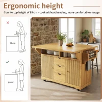 Foldable Serving Trolley with Ample Storage and Snack Racks, Mobile Kitchen Island for Balconies or Dining Room, 142.5L x 40W x 95H cm, Natural+Light Brown(m-6)