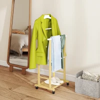 HOMCOM Galán de Noche Bambú con Ruedas Percha Superior Barras para Pantalones y Balda Inferior para zapatos Natural y Blanco(m-8)