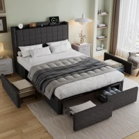 Spacious Upholstered Bed with 4 Under‑Bed Drawers, Cozy Bed Frame with Soft Headboard and Linen Surface, 208L x 140W x 111H cm, Grey(m-6)