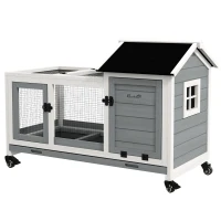PawHut Conigliera in Legno da Interno ed Esterno con Ruote, Casetta, Tetto Apribile, Porte e Vassoio Estraibile, Grigio(m-11)