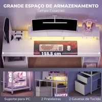 HOMCOM Secretária com Luzes LED Gavetas Tomadas Portas USB e Suporte para Monitor 155,5x48x88,5 cm Branco(m-7)
