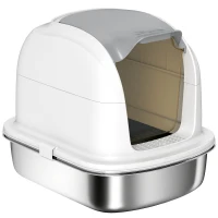 PawHut Katzenklo Edelstahl mit Deckel, Katzentoilette mit Wanne, Streuschaufel, für Katze unter 5 kg, 52,4 x 41,3 x 42 cm, Weiß(m-11)