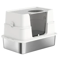 PawHut XL Stainless Steel Litter Box w/ 100° Flip Top, Scoop, Side Top Dual Entry, Odor Free, Easy Cleaning, Anti Leakage(m-11)
