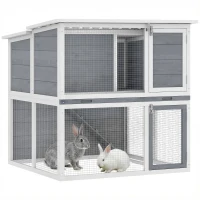 PawHut Hasenstall 2 Etagen Kaninchenstall aus Holz mit wetterfest aufklappbar Dach, Freilaufgehege, Rampe, 98x95x102,5 cm Grau(m-12)