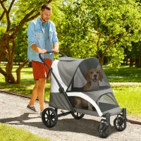 PawHut Hundewagen, Faltbarer Hundebuggy für mittelgroße Hunde, Haustierwagen mit 4 Rädern, Sicherheitsleinen Bremsen Dunkelgrau(m-2)