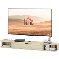 HOMCOM Meuble TV suspendu, meuble télé pour téléviseur jusqu'à 60 pouces, tiroir rabattable 2 étagères 140x24x16cm bois naturel(m-12)