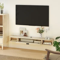 HOMCOM Meuble TV suspendu, meuble télé pour téléviseur jusqu'à 60 pouces, tiroir rabattable 2 étagères 140x24x16cm bois naturel(m-8)