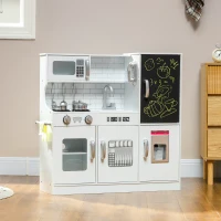 AIYAPLAY Pretend Play Kitchen, Kids Kitchen Playset, with Toy Phone, Chalkboard, Microwave, Cooking Stove, Sink, White(m-10)