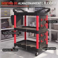 HOMCOM Carro de Herramientas de 3 Niveles con Paneles Perforados Asa Lateral Ganchos Cubeta Negro y Rojo(m-4)