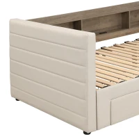 Practical Upholstered Daybed with Pull-Out Trundle, Ideal Bed Frame for Studios, Living Rooms, or Guest Spaces, 200L x 140W x 100H cm, Beige(m-10)