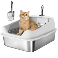 PawHut Katzentoilette Edelstahl Offene Katzenklo mit Schaufel hohem Rand für große Katzen bis 7 kg, 60,2 x 40,2 x 29,7 cm, Grau(m-12)