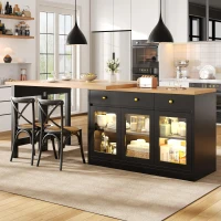 Extendable Kitchen Island with LED Lighting and Glass Cabinets, Space-Saving Dining Cart for Cosy Flats, 120L x 40W x 75.5H cm, Black(m-1)