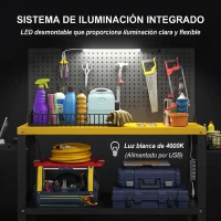 HOMCOM Banco de Trabajo con Panel Perforado Mesa de Trabajo con Enchufes Luz LED Ruedas Marco de Metal Negro y Amarillo(m-7)