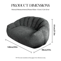 Oversized 2 Seater Bean Bag Sofa with High-Density Sponge, Glitter Plush Floor Couch with for Bedroom or Living Room, 140L x 98W x 61H cm, Gray(m-3)