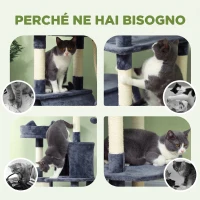 PawHut Tiragraffi per Gatti Alto 206 cm con 4 Pali Graffiatoi, Grotte, Cesti, Amache, per 1-3 Gattini 6 kg, Grigio Scuro(m-7)