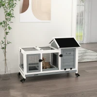 PawHut Conigliera in Legno da Interno ed Esterno con Ruote, Casetta, Tetto Apribile, Porte e Vassoio Estraibile, Grigio(m-2)