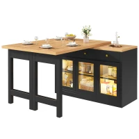 Extendable Kitchen Island with LED Lighting and Glass Cabinets, Space-Saving Dining Cart for Cosy Flats, 120L x 40W x 75.5H cm, Black(m-12)