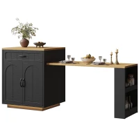 Extendable Kitchen Island with Dining Table, Multifunctional Storage Cabinet with Wine Rack and LED Base Light, 141L x 70W x 101.5H cm, Black(m-9)